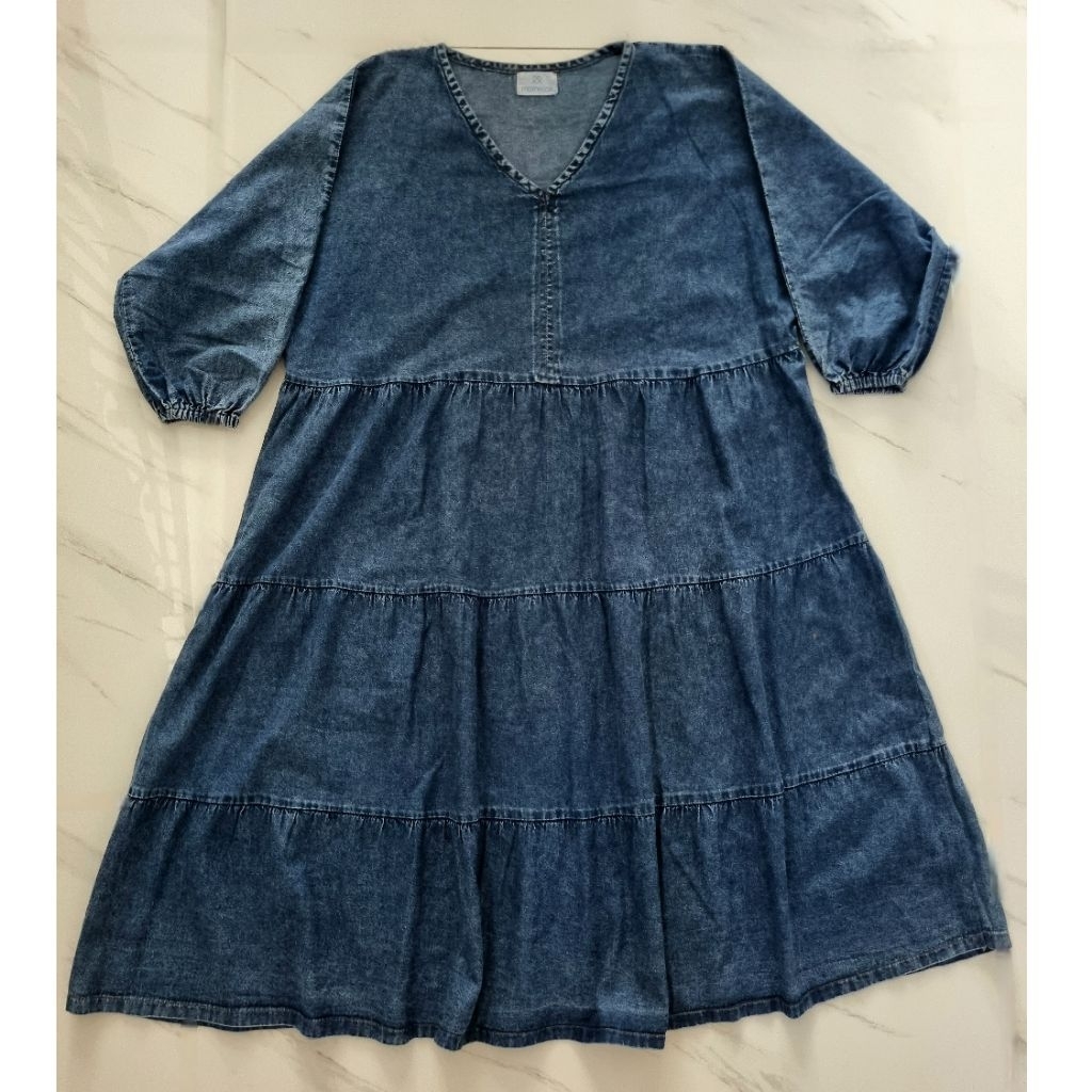 Dress Denim Momelca Original - Dress Denim Jumbo Tiered - Dress Denim Navy - Dress Denim Wanita - Dr