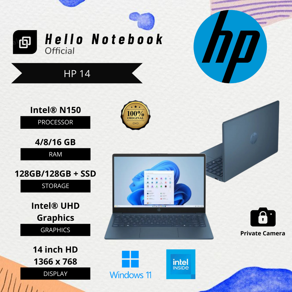 Laptop Baru Hp 14 Intel N150 (4cpus, up to 3.4GHz) SSD Blue