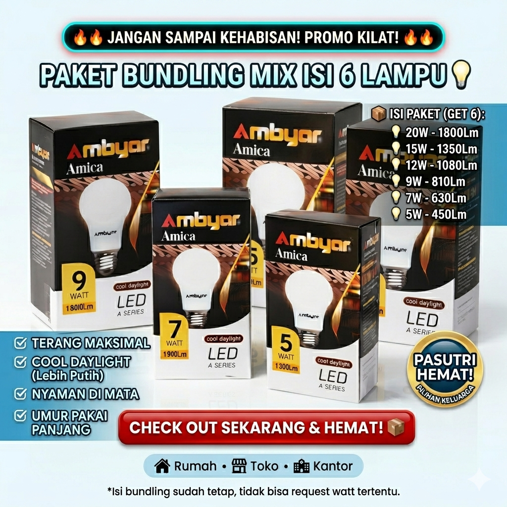 [PROMO HEMAT GILA] LAMPU LED AMBYAR AMICA PUTIH SNI PAKET MURAH ISI 6 PCS WATT CAMPUR - Bundling Dap