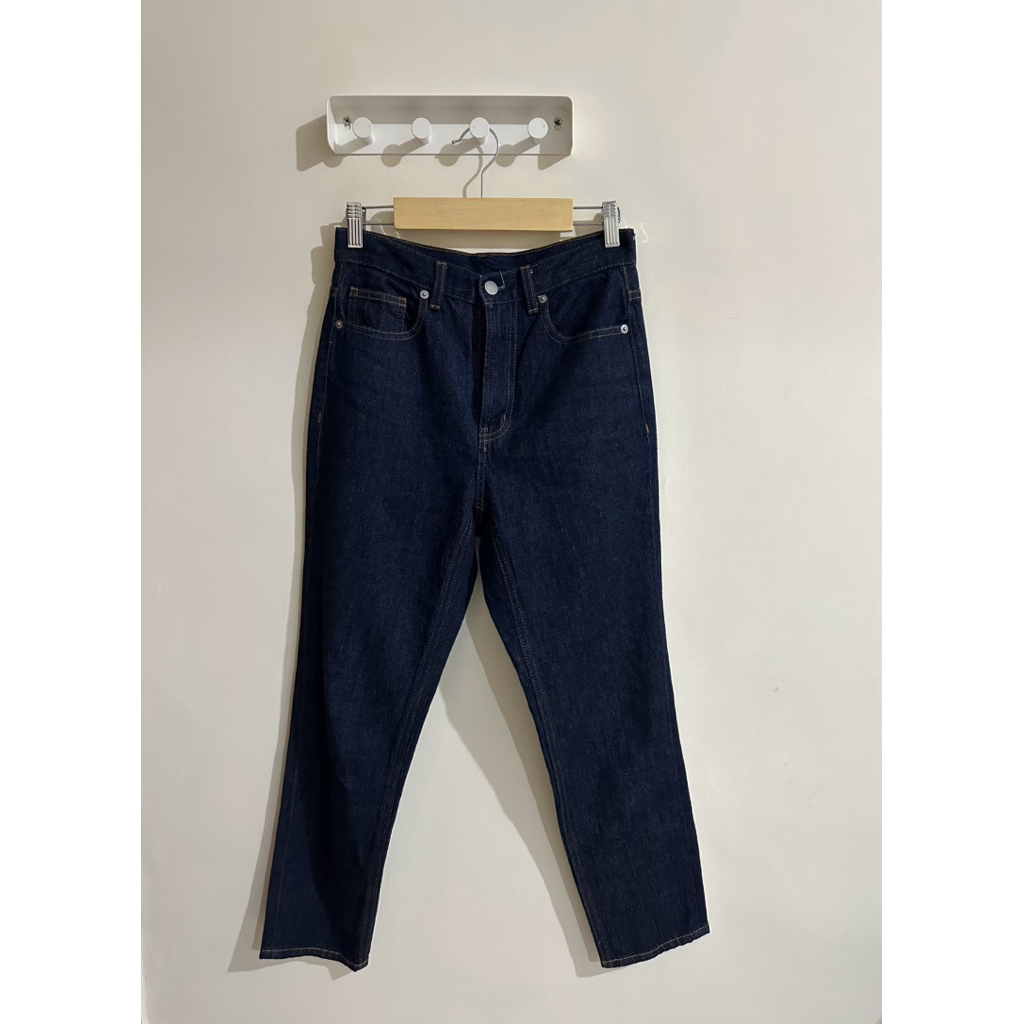 GU High Waist Ankle Tapered Denim Jeans Dark Indigo Blue Long Pants Celana Jins Wanita
