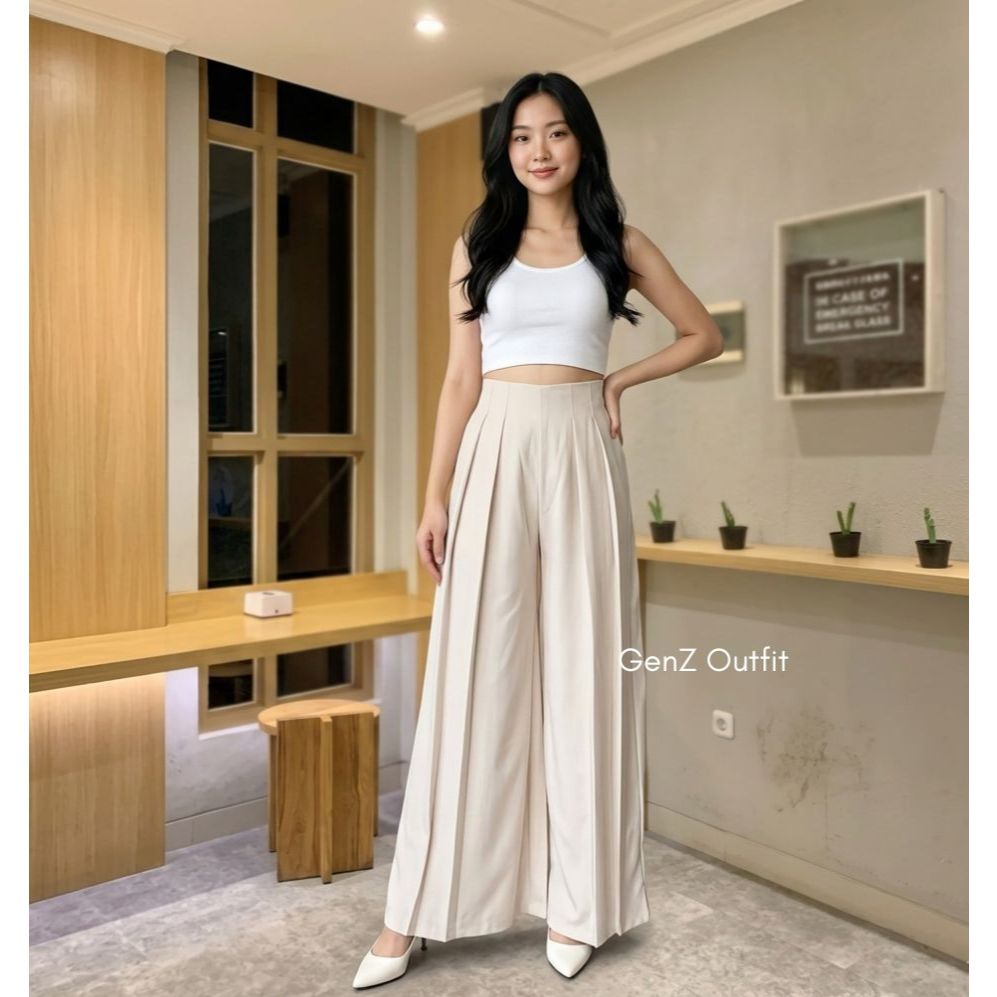 GenZ Outfit - Laviie Pants Kulot Palazzo - Highwaist Celana Panjang Wanita Kasual Kantor Kuliah