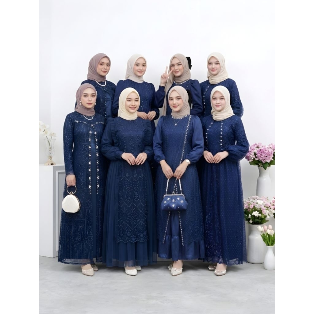 Gamis Pesta Wanita Elegan Brokat Seragam Bridesmaid Warna Navy Baju Muslim Mewah M-3XL Cl