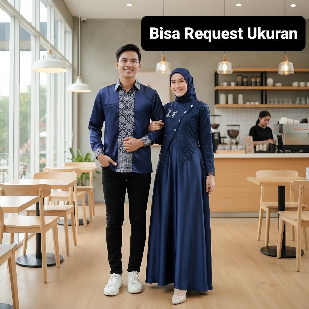 SET SAHARA DRESS NAVY ORI COUPLE KEMEJA KOKO KOMBINASI / CUSTOM ANAK & JUMBO / BAJU SERAGAM BATIK PA