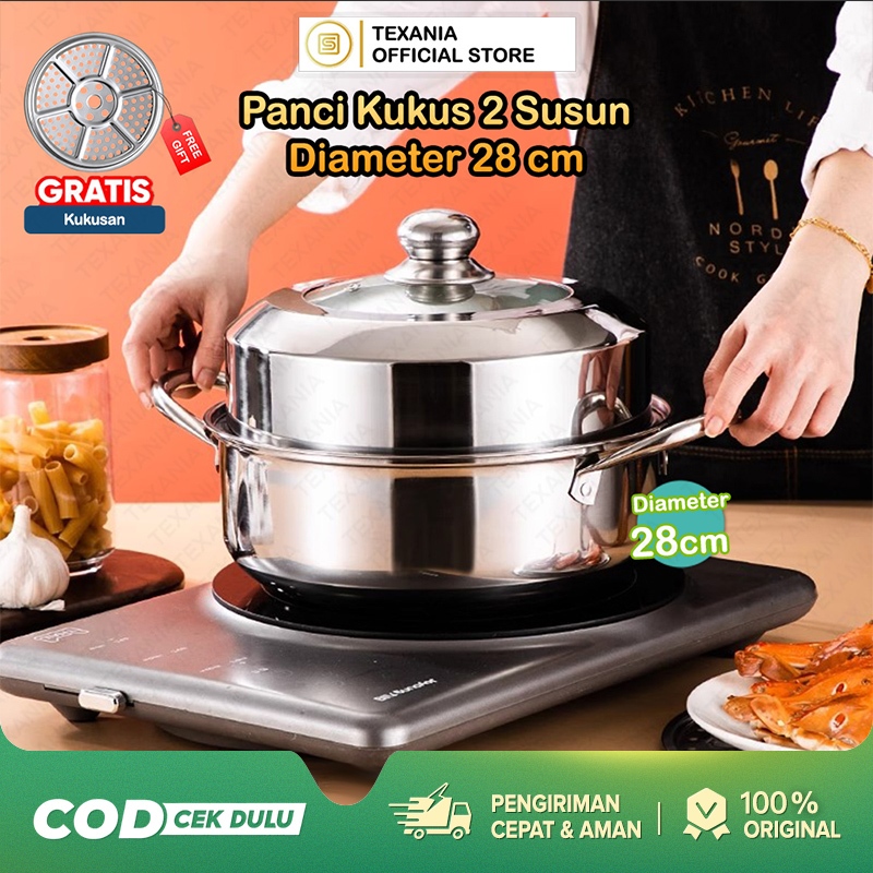 TEXANIA Panci Kukus 28cm Serbaguna Bisa Jadi Wajan dan Kukusan/ Bahan Kukusan Stainless Steel FREE K