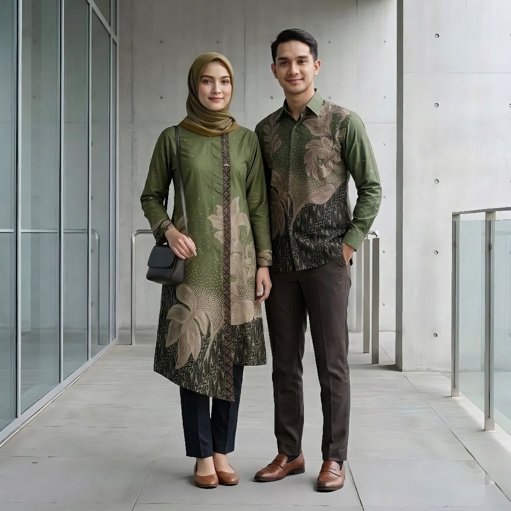 Batik Couple Wanita Tunik Resleting belakang Lapis Furing Bahan Katun Signature - Batik Couple Pria 