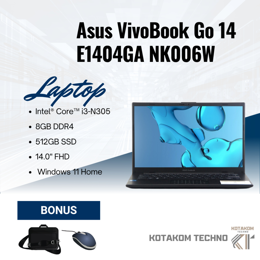 Asus VivoBook Go 14 E1404GA-NK006W i3-N305 8GB/512GB SSD FHD Laptop Ringan Windows 11 – WiFi6 & HDMI