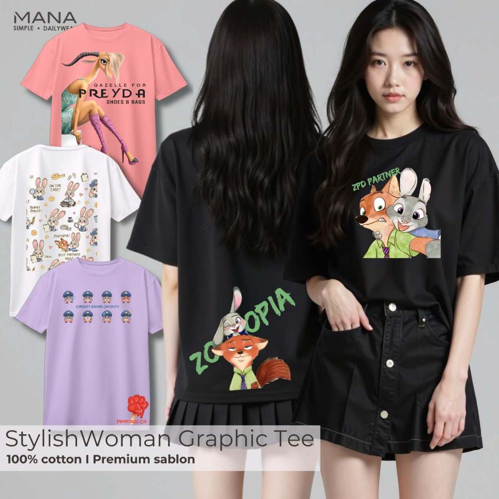 MANA Kaos Wanita Dewasa Zoo Judy Nick Oversize Korean Style Regular Fit Standar Crop Top Tshirt Cewe