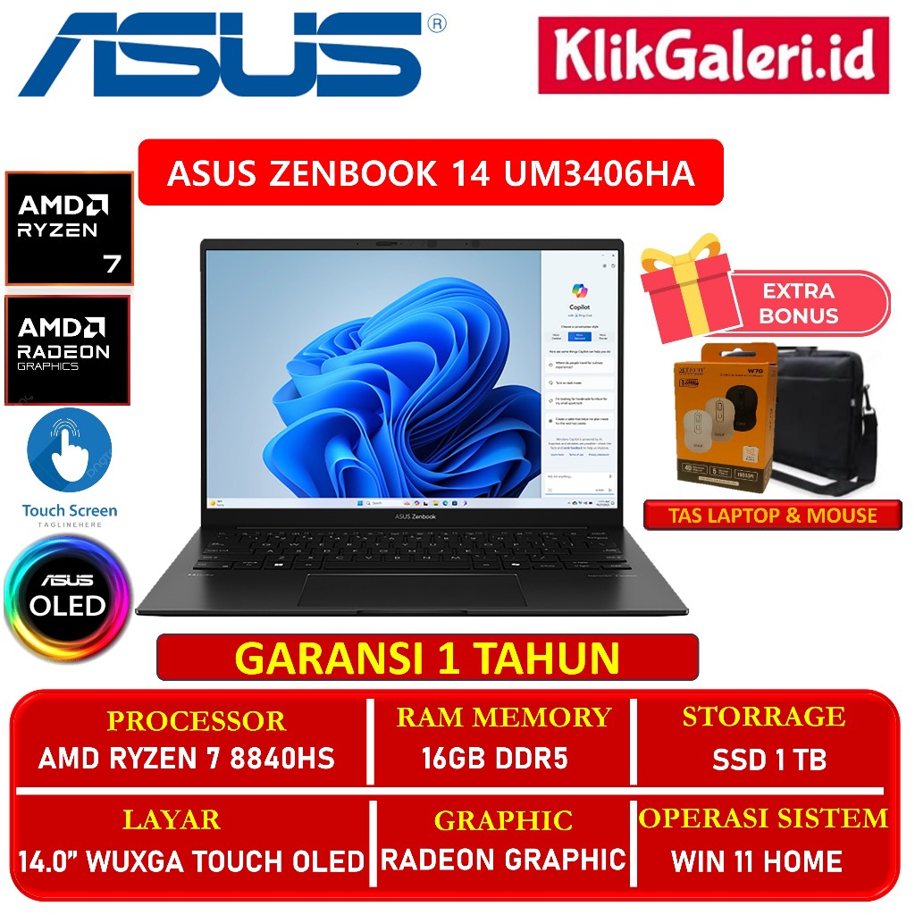Laptop ASUS Zenbook 14 AI OLED UM3406HA Amd Ryzen 7 8840HS 16GB DDR5 1TB BL WUXGA OLED Touchscreen