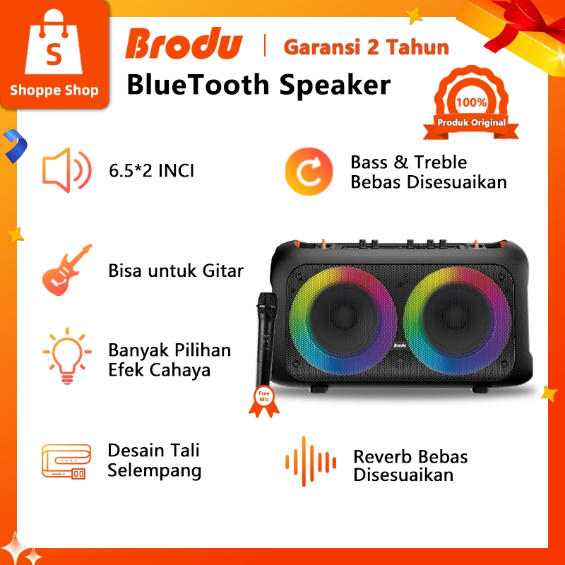 Speaker Bluetooth Karaoke 2x6.5 Inch Free Mic RGB Lampu Portable Garansi 2 Tahun Brodu BTS-1709