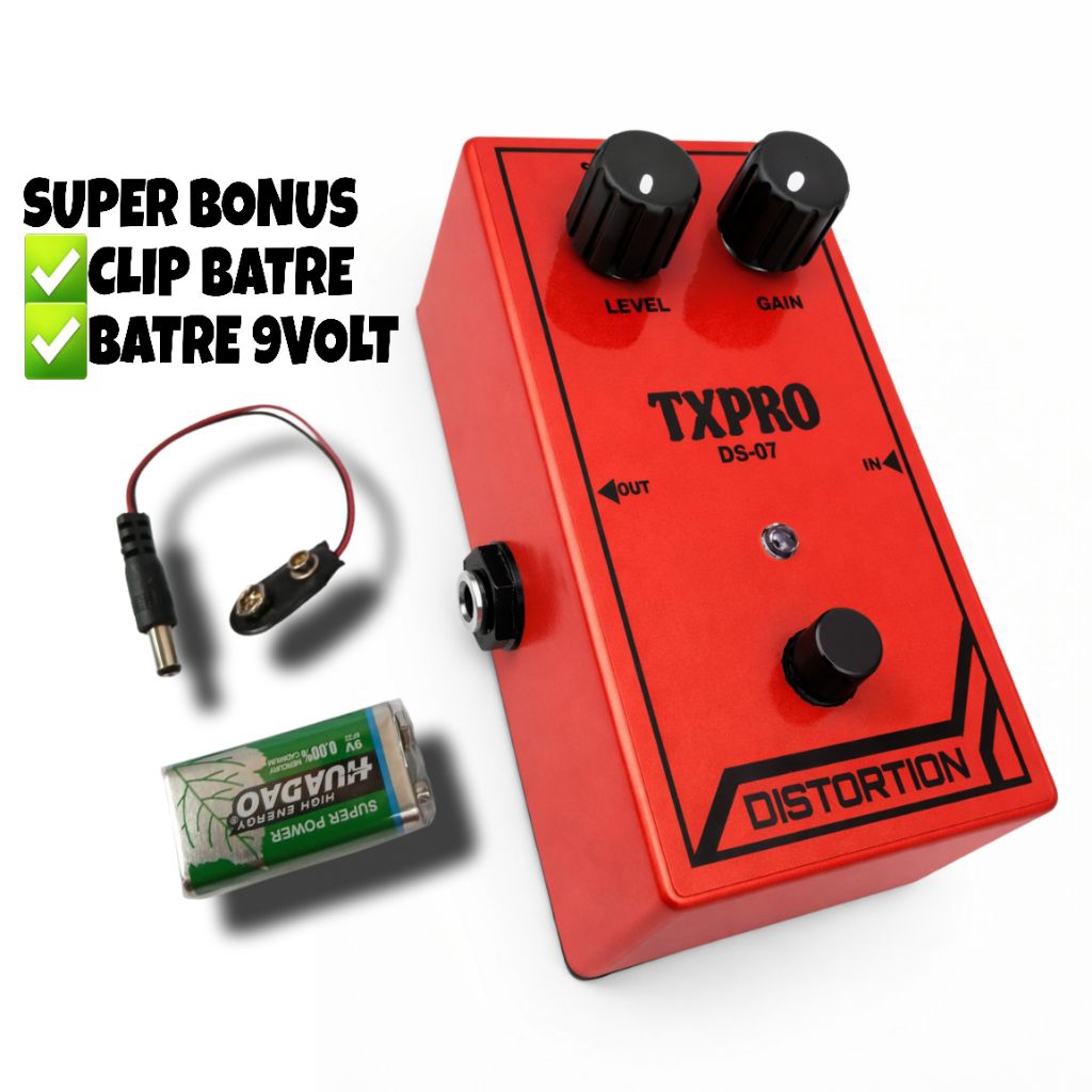 EFEK GITAR DISTORSI TXPRO merah suara super gaharrr metal bonus batre dan clip batre