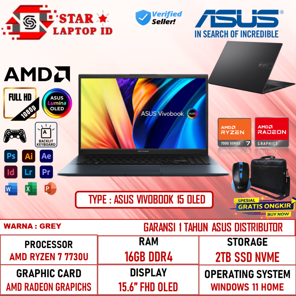 Asus Vivobook 15 OLED M1505YA Ryzen 7 7730U 16GB 512GB SSD FHD AMD Radeon Fingerprint Win 11
