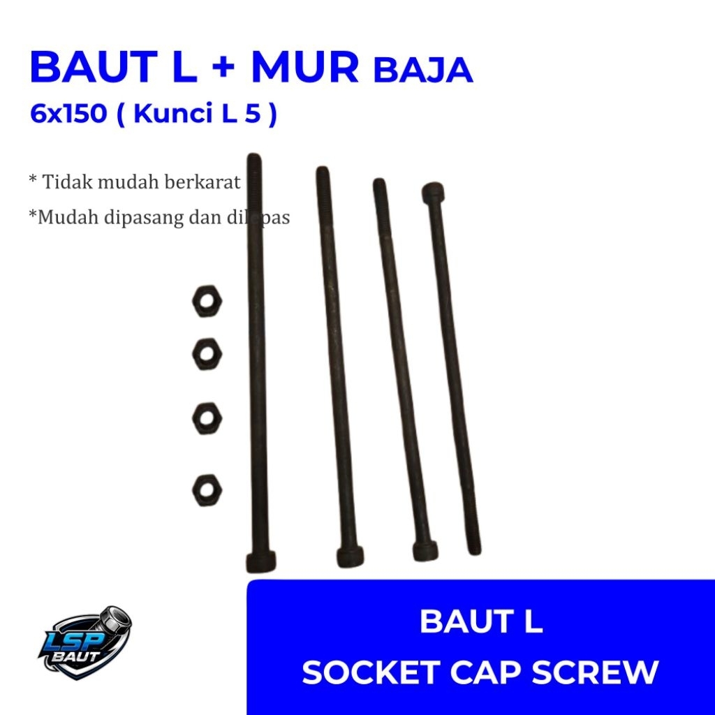 Baut L Socket Cap Screw Baja M6x150 dan Mur Baja / Baut L M6x150 dan Mur Baud Baut Mur Baja Baut Pom