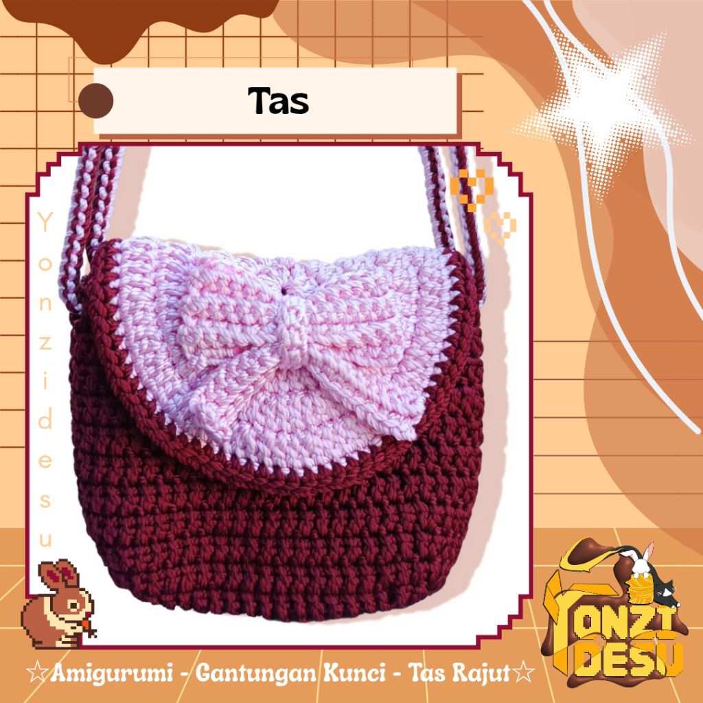 Tas Mini Pita Merah Muda Rajut Buatan Tangan Tas Wanita Lucu