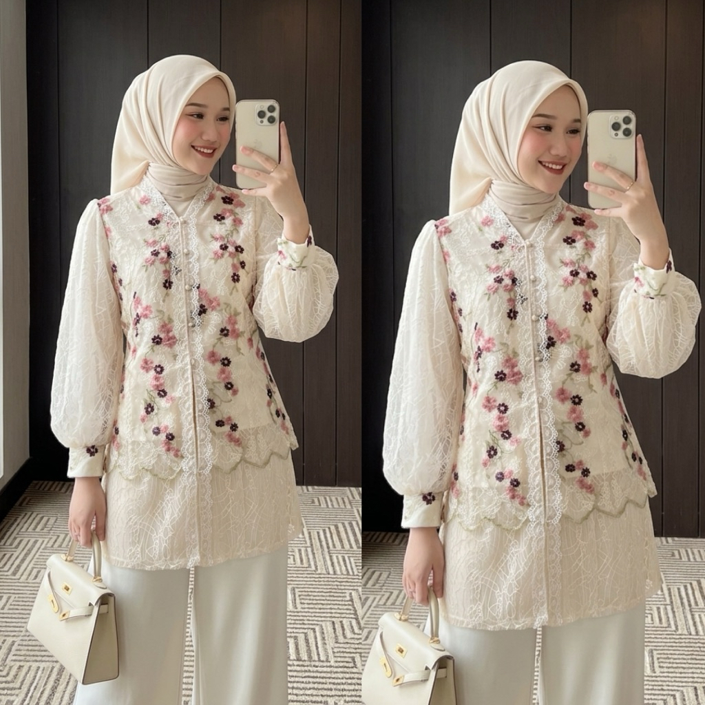 Blus Wanita Bordir Brukat LD 110 untuk Pesta dan Kerja Formal Elegan