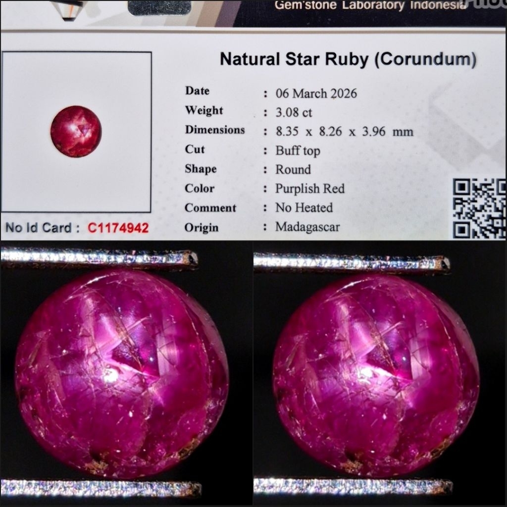 Natural Star Ruby NoHeated NH NTE 3.08 crt Madagascar Mozambique Memo Lab