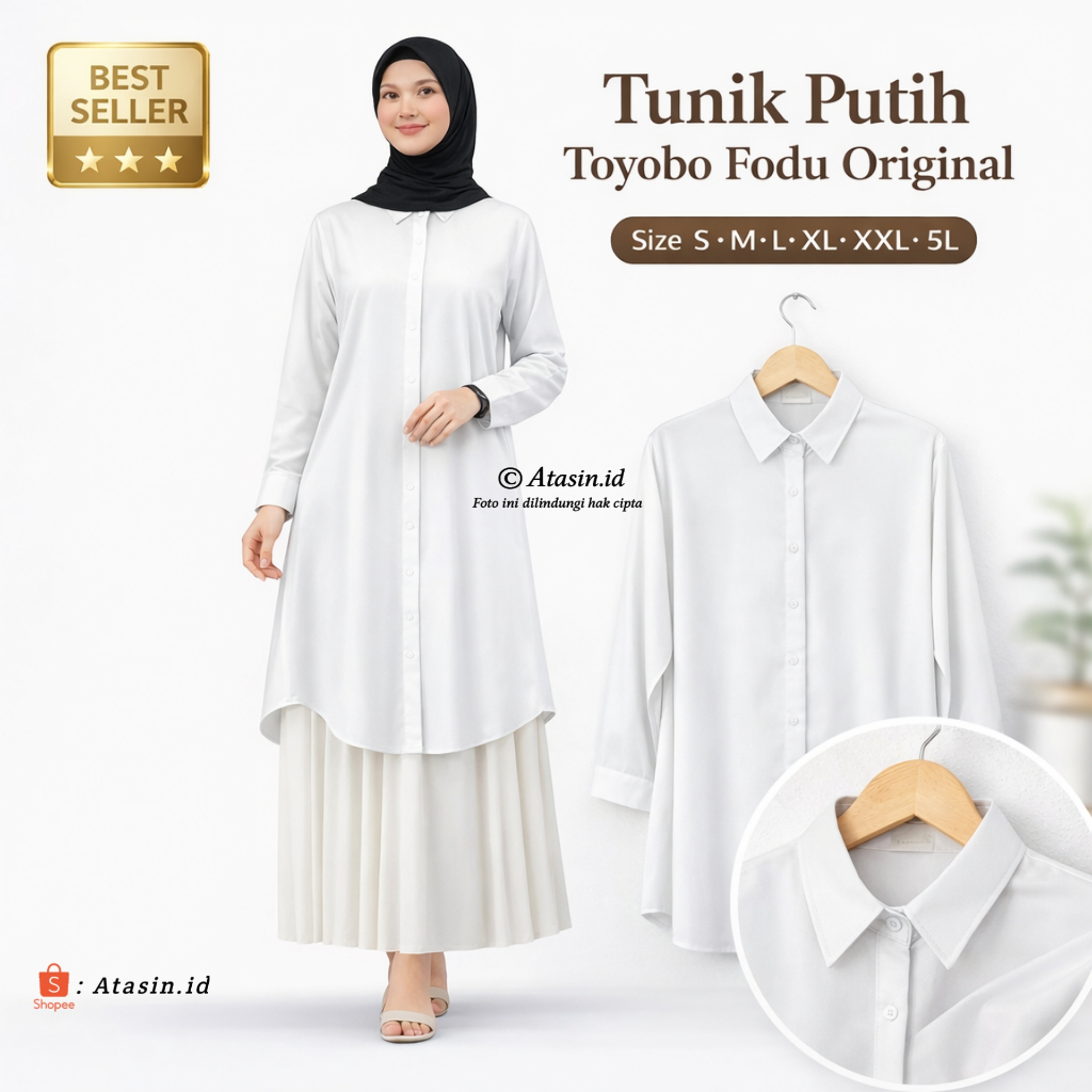 Tunik Putih Wanita Polos Premium Toyobo Fodu Original Lengan Panjang Formal Busui Friendly Jumbo S M