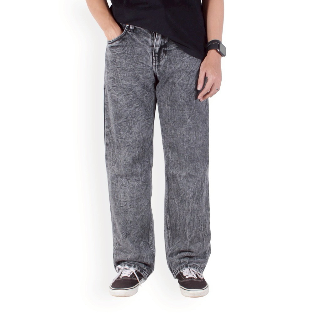 Celana Jeans Pria Loose Fit Snow Grey - Denim Baggy Pants Acid Wash Casual Vintage