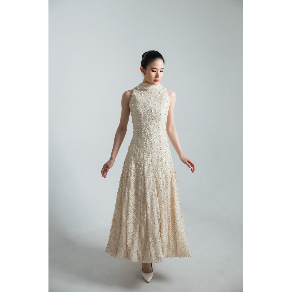 Pearla Dress (Maxi Dress Wanita Cream – High Neck A-Line Dress Elegant Premium Kondangan)