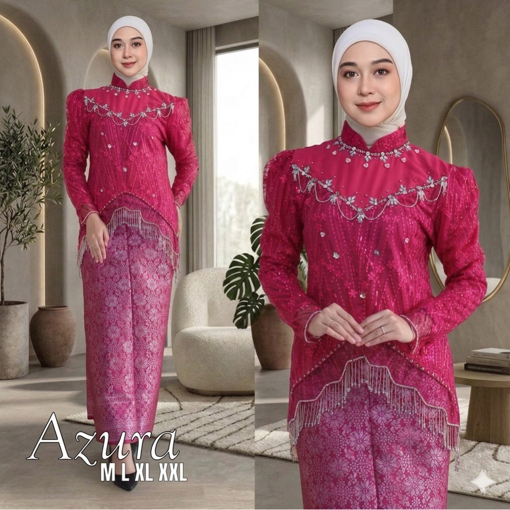 Kebaya Modern Azura Payet Mewah Set Rok Songket – Warna Burgundy | Size M L XL XXL | Kondangan Elega