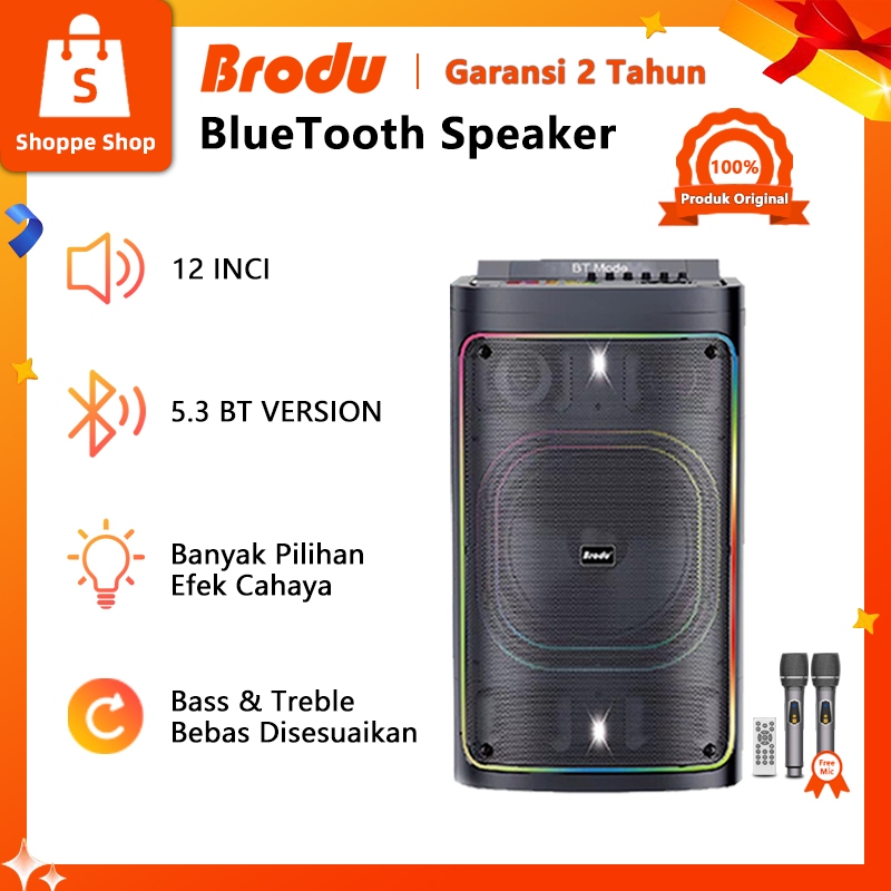 Speaker Karaoke Brodu BTS-2241 Professional dengan 2 Mic Wireless & LED Warna-Warni - Speaker Party 