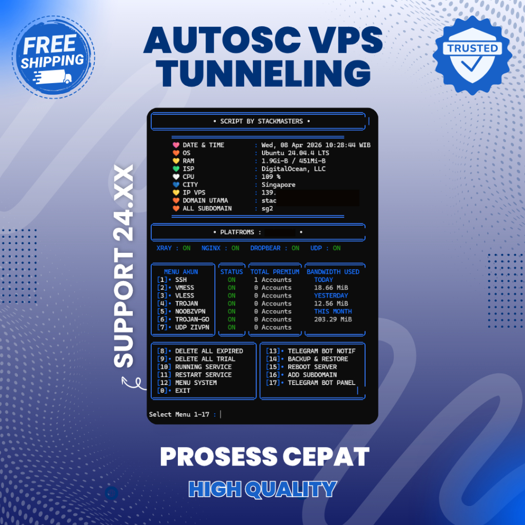 AUTO SC VPS TUNNELING | SSH V2RAY TROJAN VMESS VLESS ZIVPN | INSTALL OTOMATIS | SUPPORT UBUNTU 24x