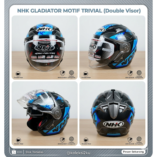 HELM MOTOR NHK GLADIATOR TRIVIAL BLACK BLUE DOUBLE VISOR