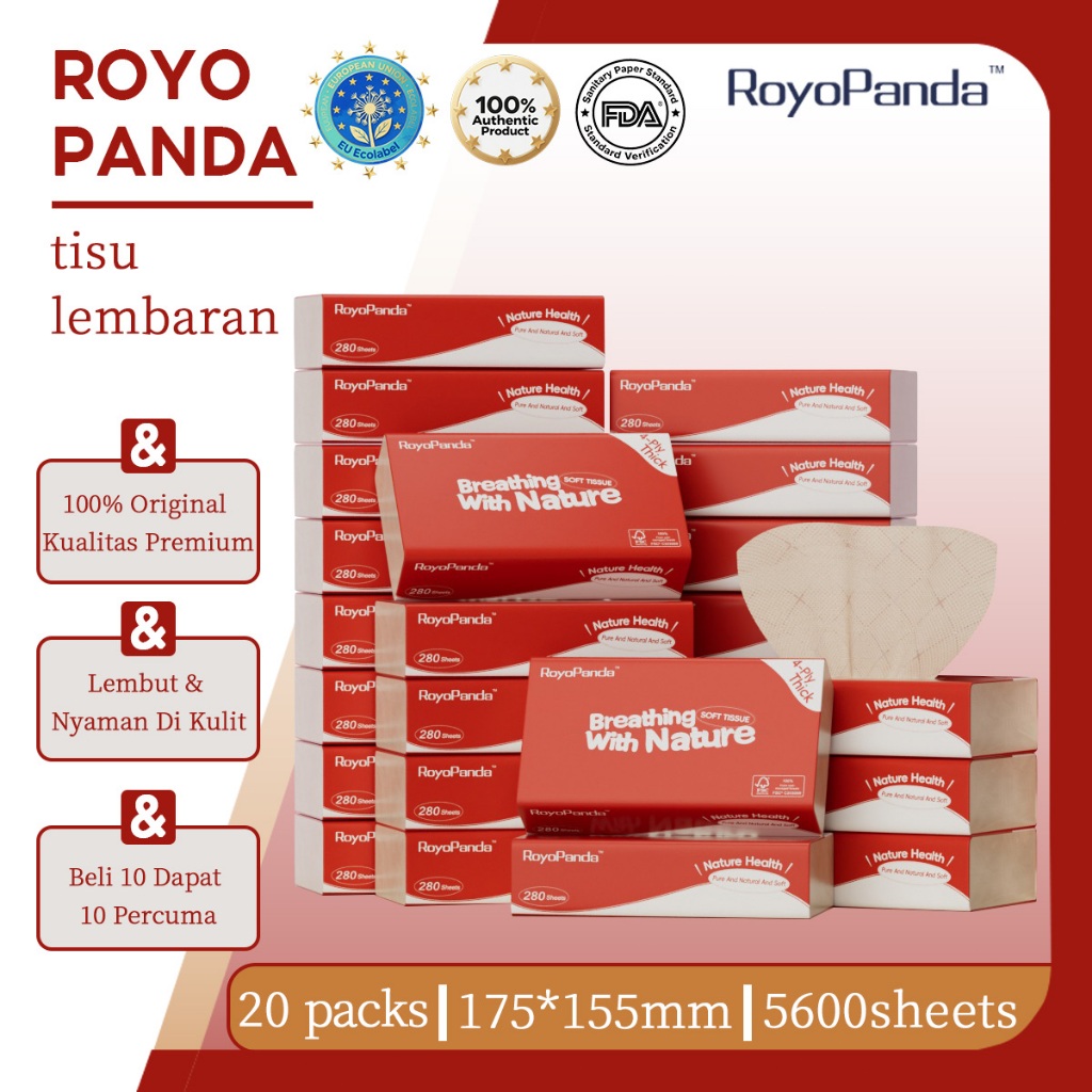 [BUY 10 GET 10] Royo Panda Wajah Tisu 4 Lapis 5600 Lembar Soft Facial Tissue 155*175 mm Muka Deluxe 