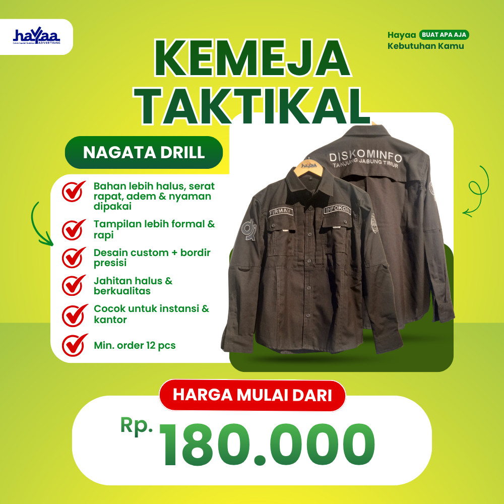 Kemeja Taktikal Custom Bahan Nagata Drill (5 Titik Bordir) – Cocok untuk Instansi / Perusahaan / Kom