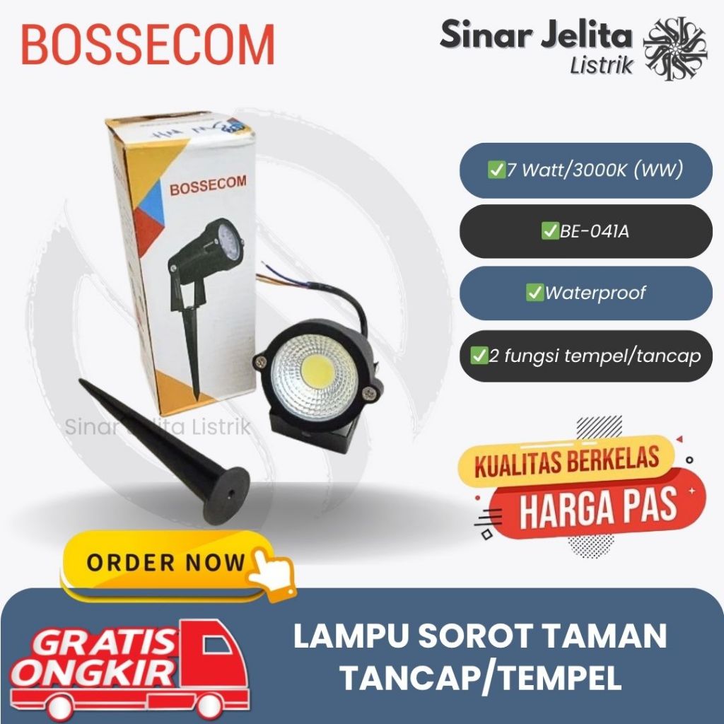 Lampu Sorot Taman LED BOSSECOM 7W Kuning Lampu Taman Outdoor Tancap/Tempel Waterproof