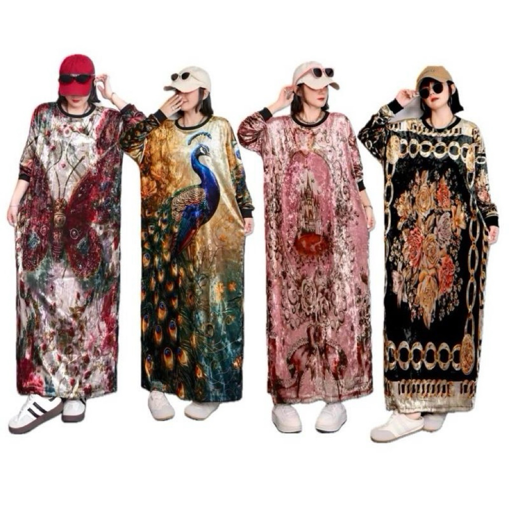 Long Dress Velvet bludru oversize lengan panjang Motif