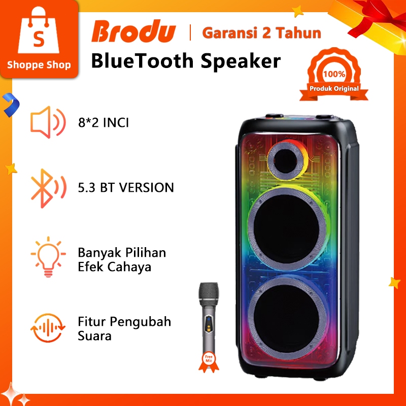 Speaker Bluetooth Karaoke 2x8 Inch Free Mic RGB Lampu Super Bass Portable Garansi 2 Tahun Brodu BTS-