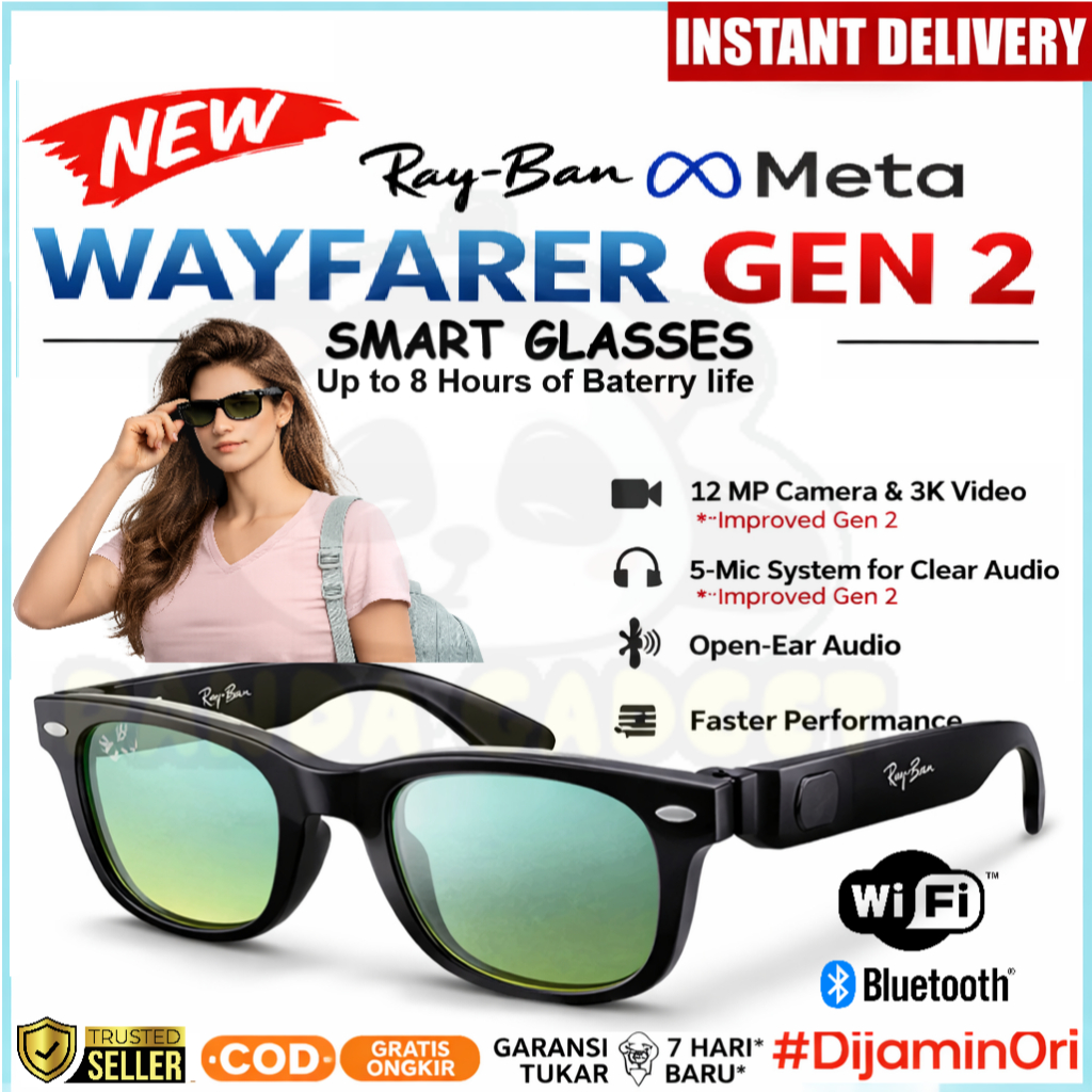 Meta Ray Ban Wayfarer Gen 2 Smart Glasses Ai 2023 New Generation Kacamata Cerdas pria / wanita Size 