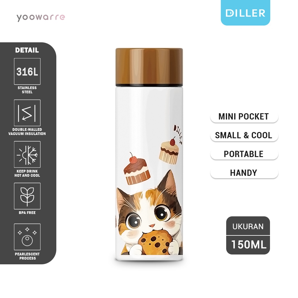 Diller Tumbler Mini 150ml SUS 316L Karakter Termos kopi teh kecil Tahan Panas dingin