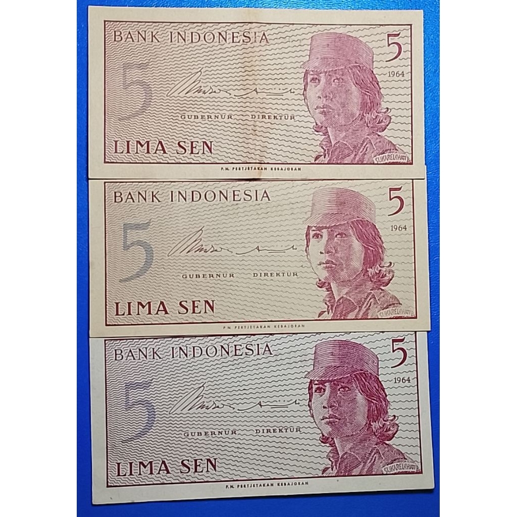 uang kuno indonesia 5 sen 3 lembar tahun 1964 p3048
