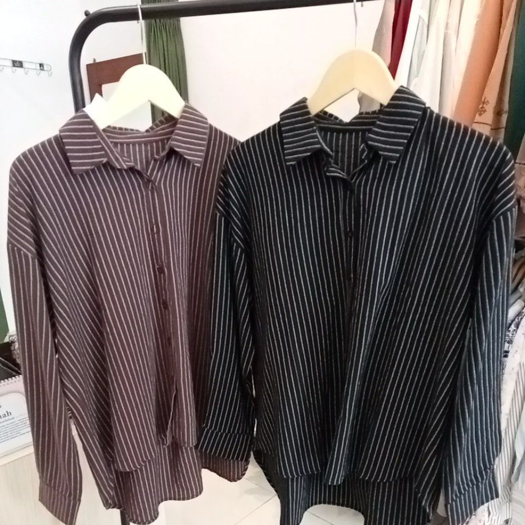 Kemeja Wanita Atasan Blouse Blus Katun Linen Salur Busana Muslim Muslimah