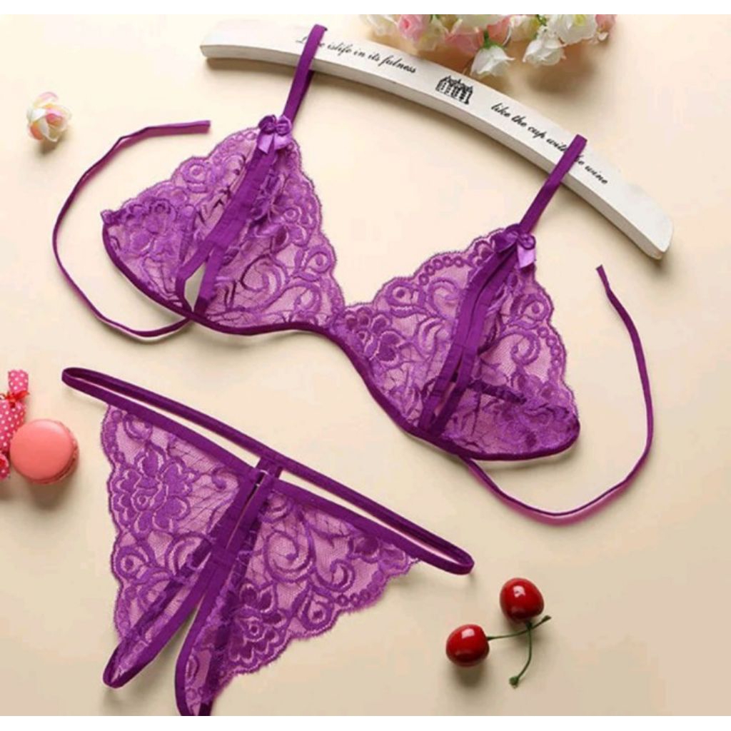 Set Bra Lingerie Sexy BH & Celana Dalam Open Crotch Lace Transparan Serly