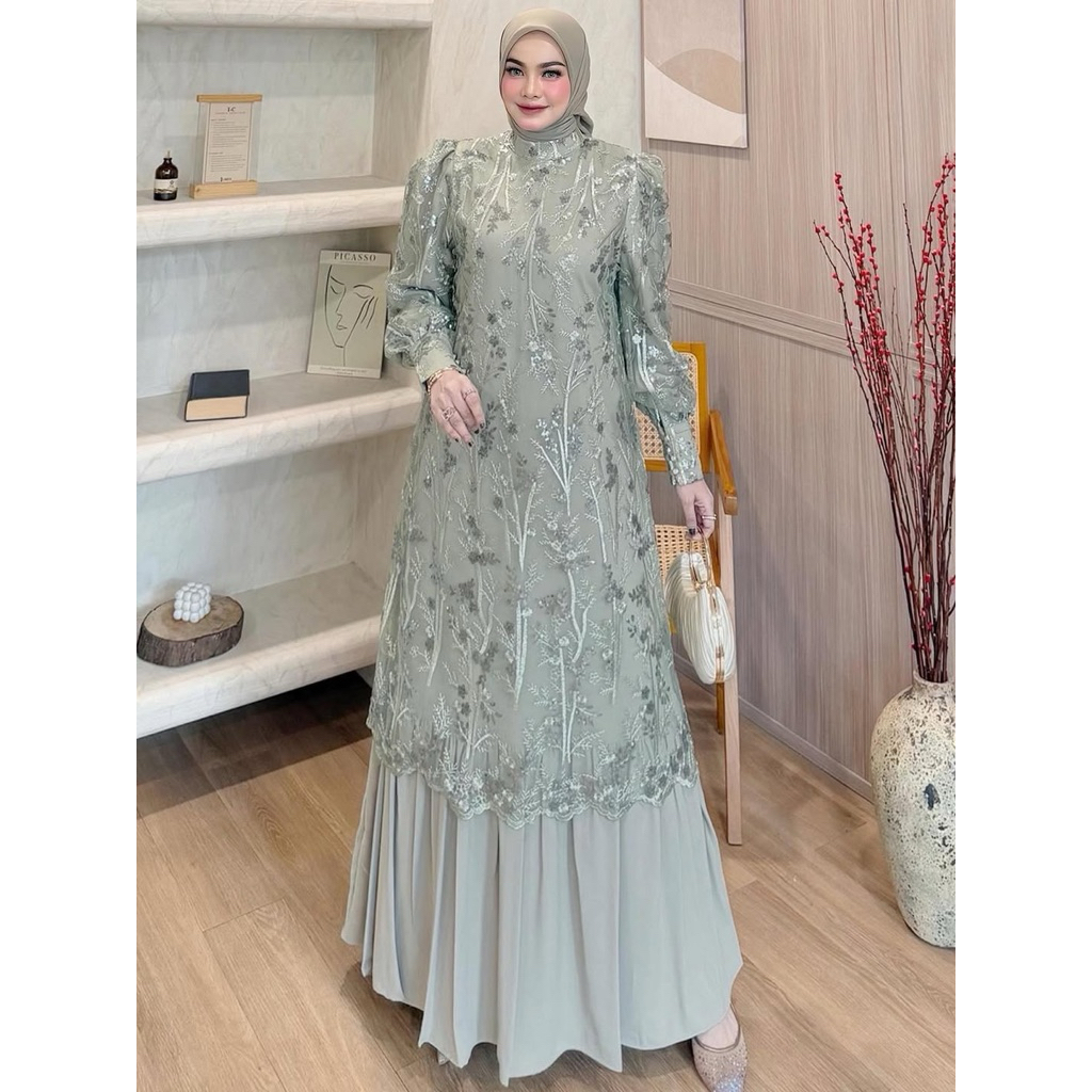 Clara Dress Gamis Sage Premium Dress Kondangan Tile Bordir Mewah Gamis Pesta Muslimah Elegan Gamis B
