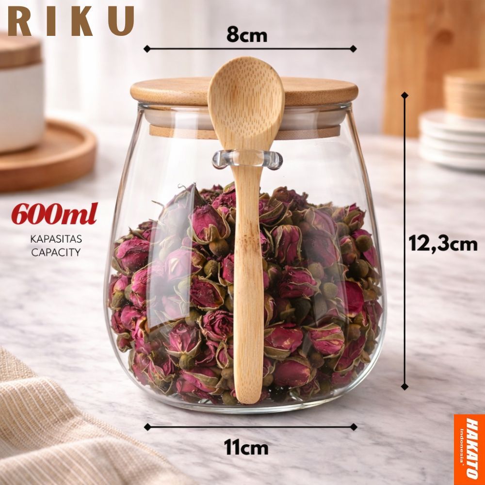 Toples Kaca Estetik Jar Kaca Tutup Kayu Toples Makanan Toples Kue Kering Stoples Kaca Riku 600 ML