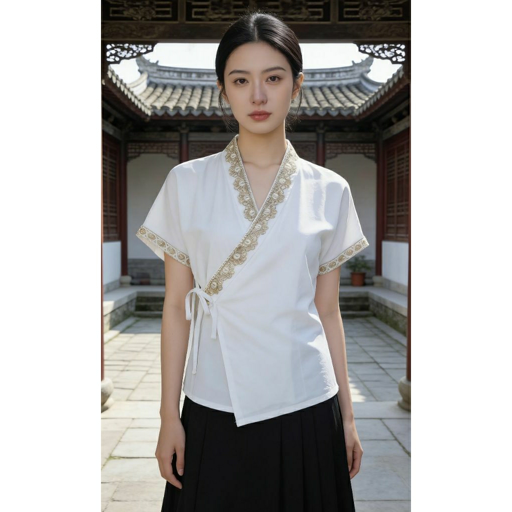 (NEW WITH TAG) HANFU MODERN TOP WHITE EMBROIDERY ATASAN BLOUSE PUTIH BORDIR CHINESE STYLE ORI CHINA