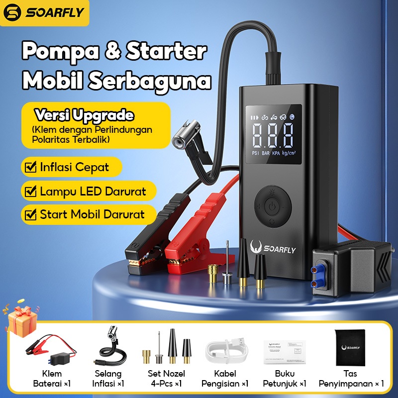 SOARFLY Jumper Starter Aki Mobil Motor 10000 mAh Alat Pompa Ban Motor Dan Mobil Electric Pump Tire I