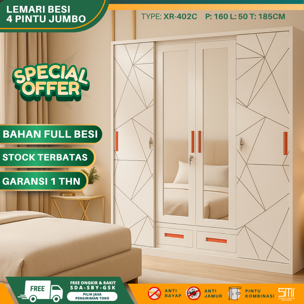 Lemari Besi 4 Pintu - Lemari pakaian sliding, lemari baju besi, lemari besi 4 pintu, lemari besi