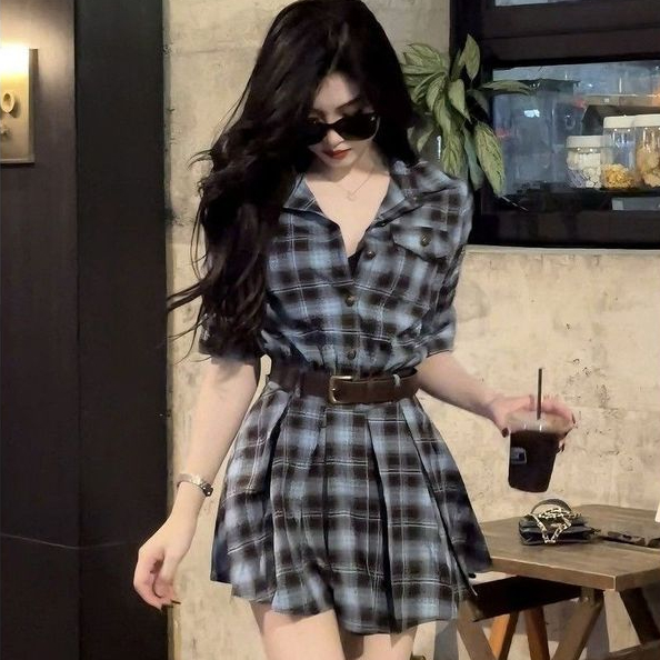 Gaun Kemeja Wanita Vintage Motif Kotak-kotak Lengan Panjang Rok Pendek Model A-line