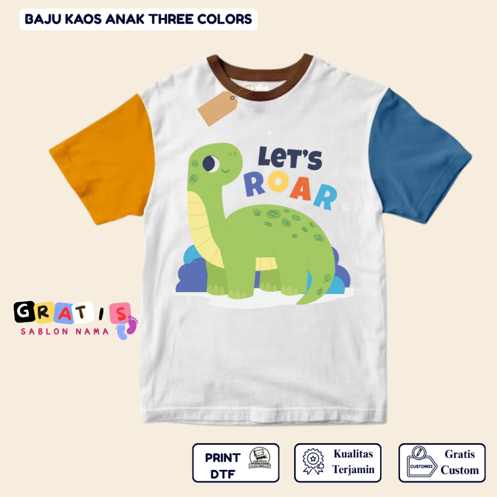 shabira tas  - Kaos Anak Dino LETSRoar  - Kaos Anak Pendek Three Colors Dino - Kaos Anak Sablon Nama