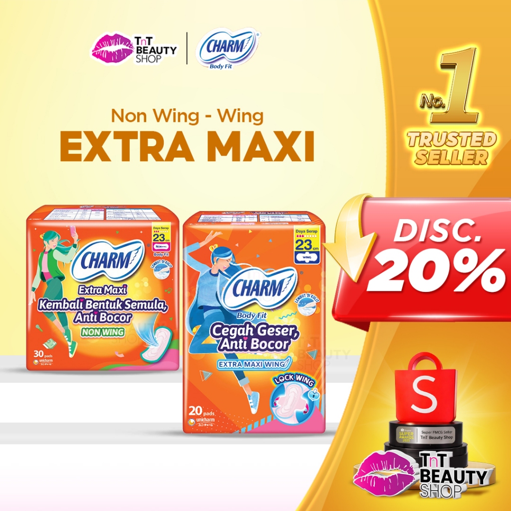 Charm Body Fit Extra Maxi Wing & Non Wing | Long&Wide Non Perfumed - Pembalut | TnT Beauty Shop