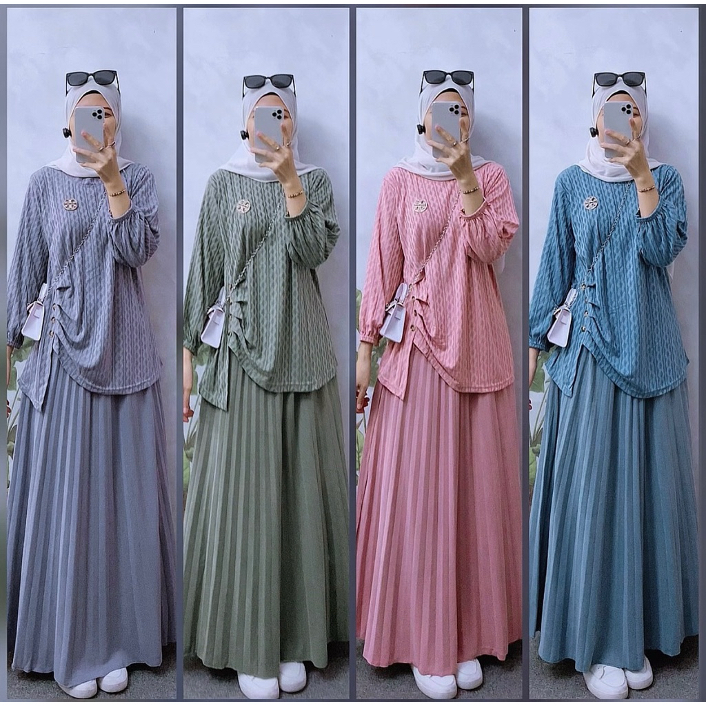 Set Rok Plisket Motif Promo - Bahan Kaos Bangkok Mix Aster Plisket Lengan Pendek