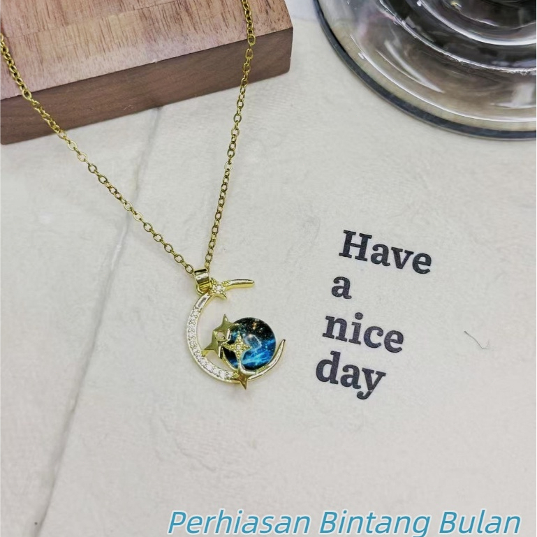 Kalung Liontin Bulan Bintang Batu Biru, Kalung Emas Mewah untuk Wanita  Perhiasan Bintang Bulan
