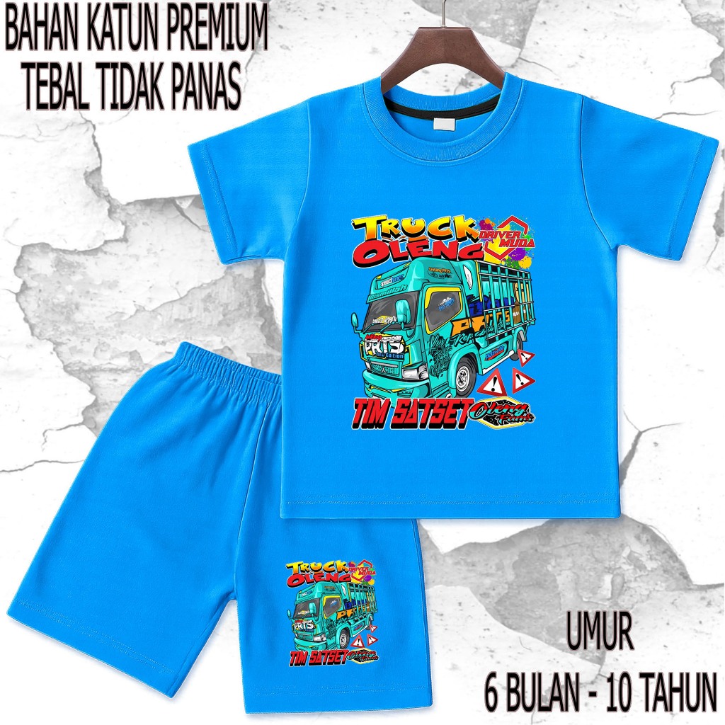 setelan baju anak - anak mobil truck oleng 4 umur/tahun 6 bulan - 10 tahun bahan katun premium sablo