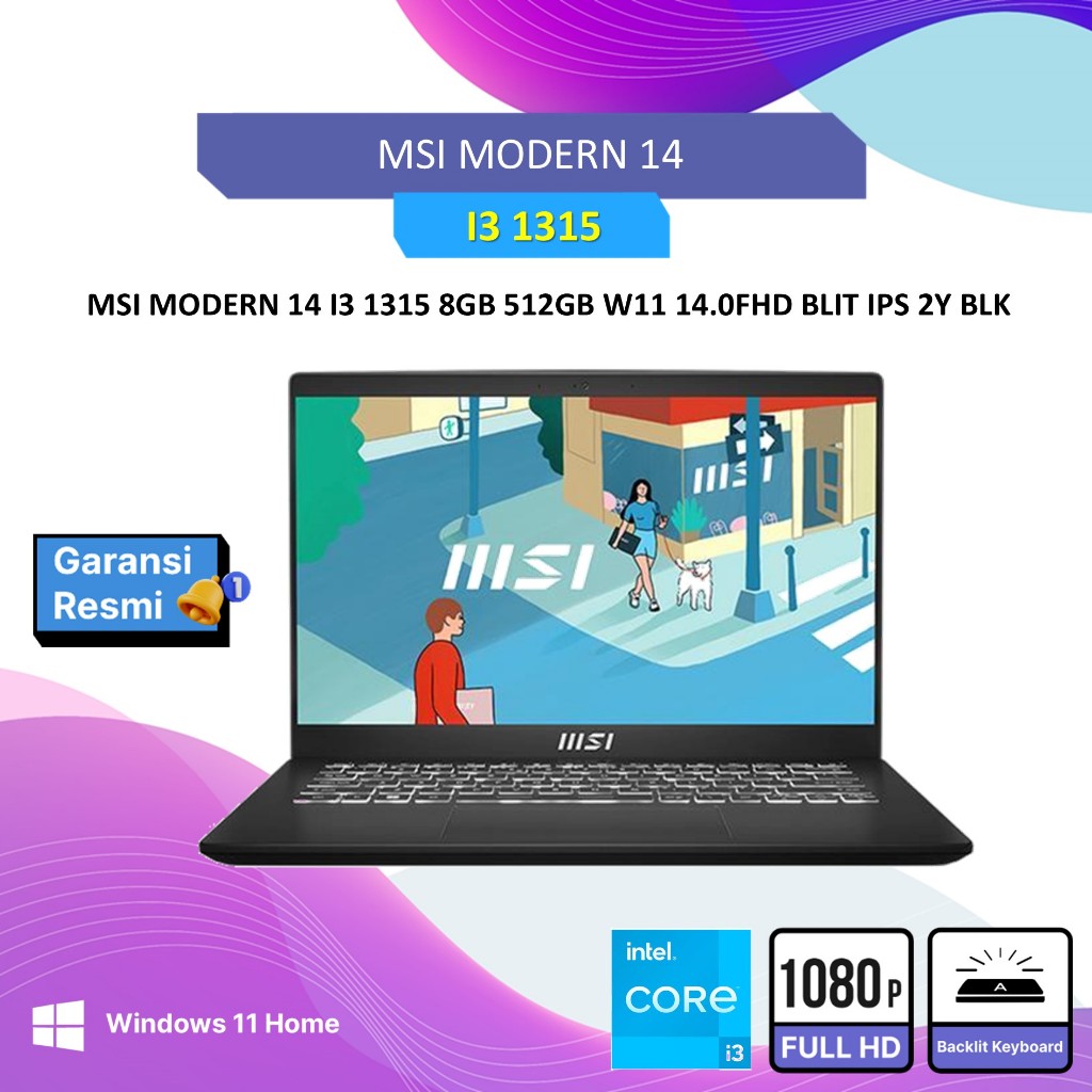 Laptop MSI Modern 14 I3 1315 8GB 512GB Windows11 14.0FHD BLIT IPS 2Y