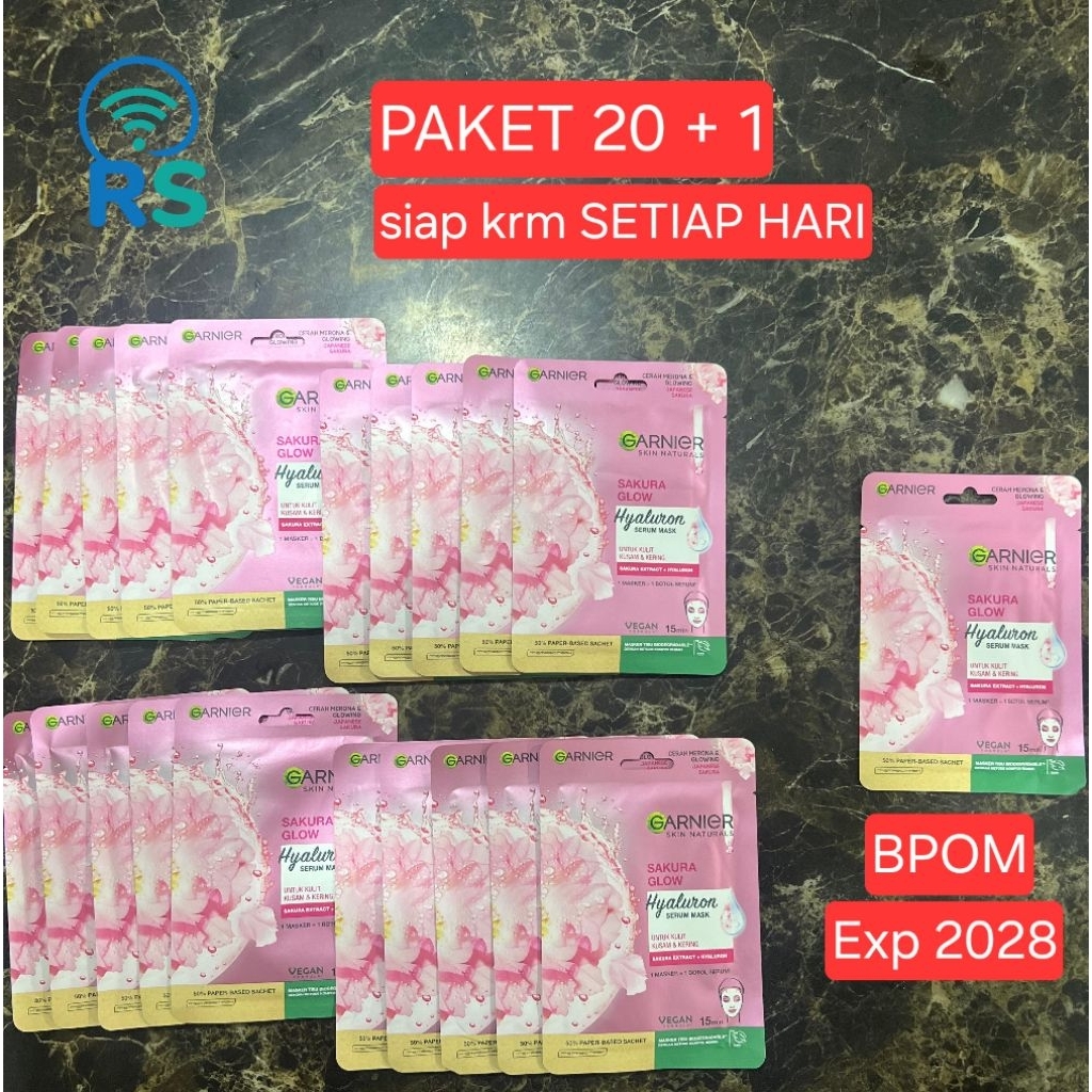PAKET 20 + 1 pcs Garnier Hyaluron Serum Mask Sakura Glow Sheet Mask Masker Wajah Mencerahkan Glowing