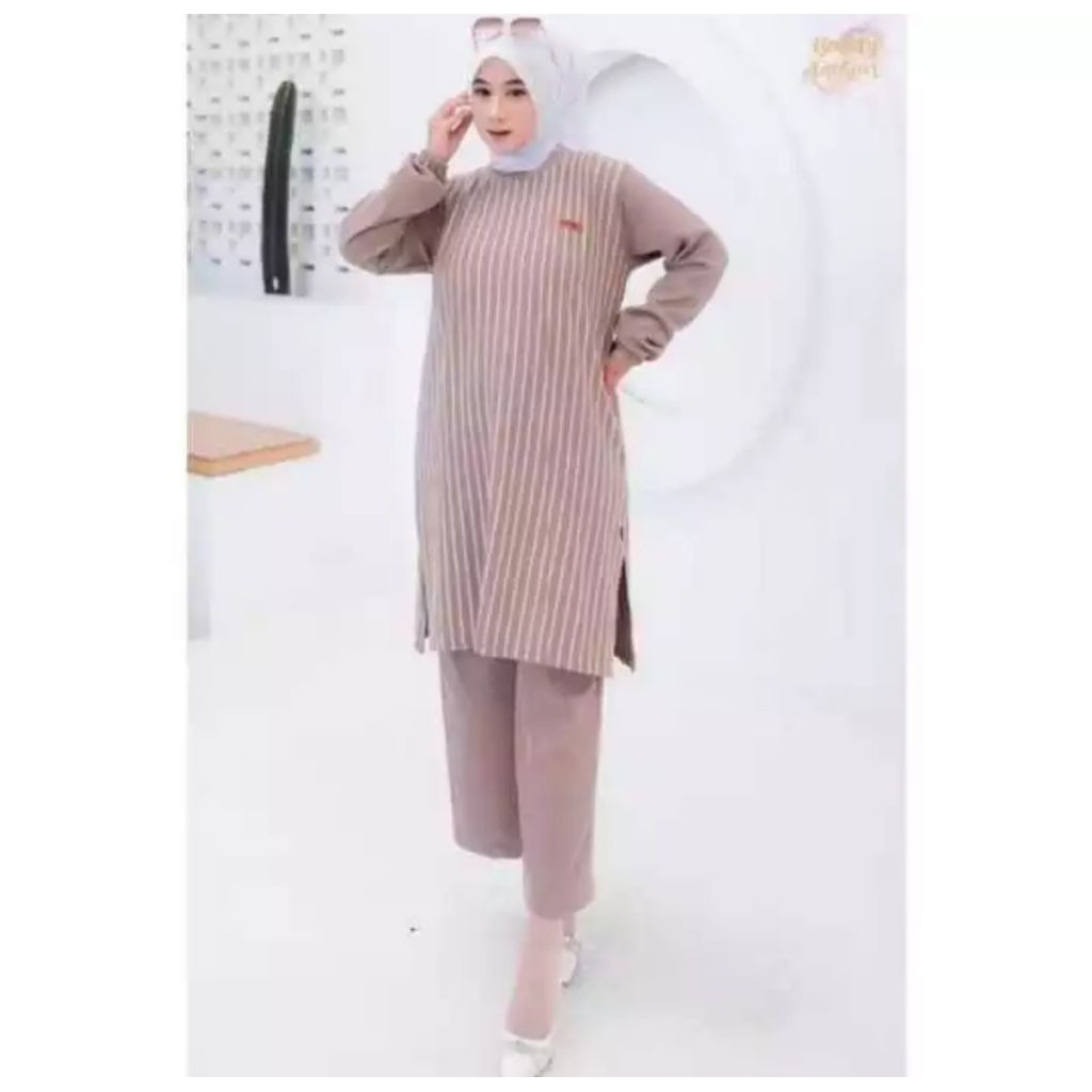 Setelan Viona Long Tunik Motif Salur Model Terbaru Cocok Untuk Wanita Remaja Dewasa